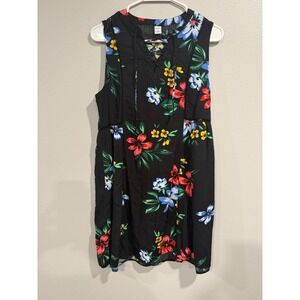Old Navy Short Dress Women's Medium Black Floral Rayon Sleeveless Lace-Up Neck